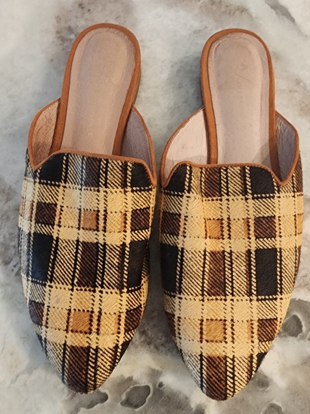 Anthropologie Yellow & Black Plaid Slip-On Mules